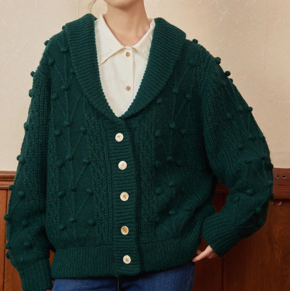 COPY - Nataly Cable Popcorn Chunky Green Knit Cardigan / Jacket Size M